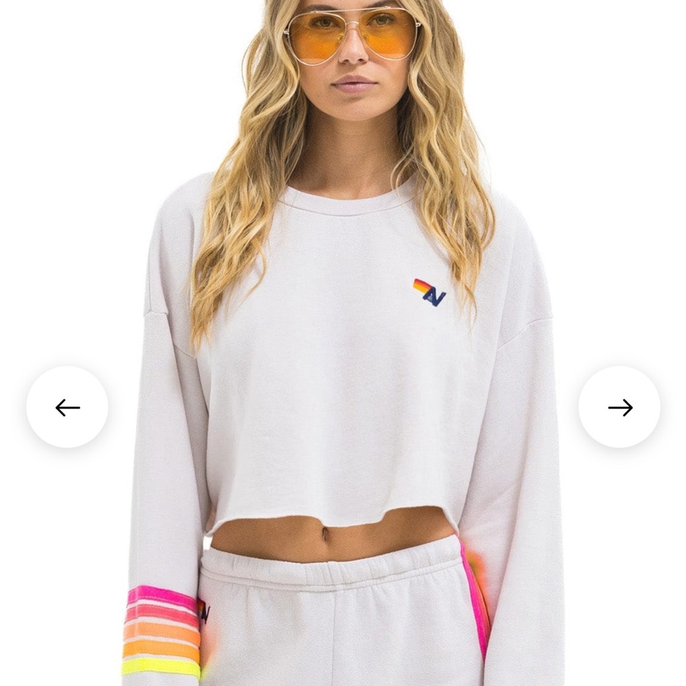 NWT Aviator Nation Rugby Stitch Cropped Crew Sweatshirt Relaxed - Dove Grey/Neon